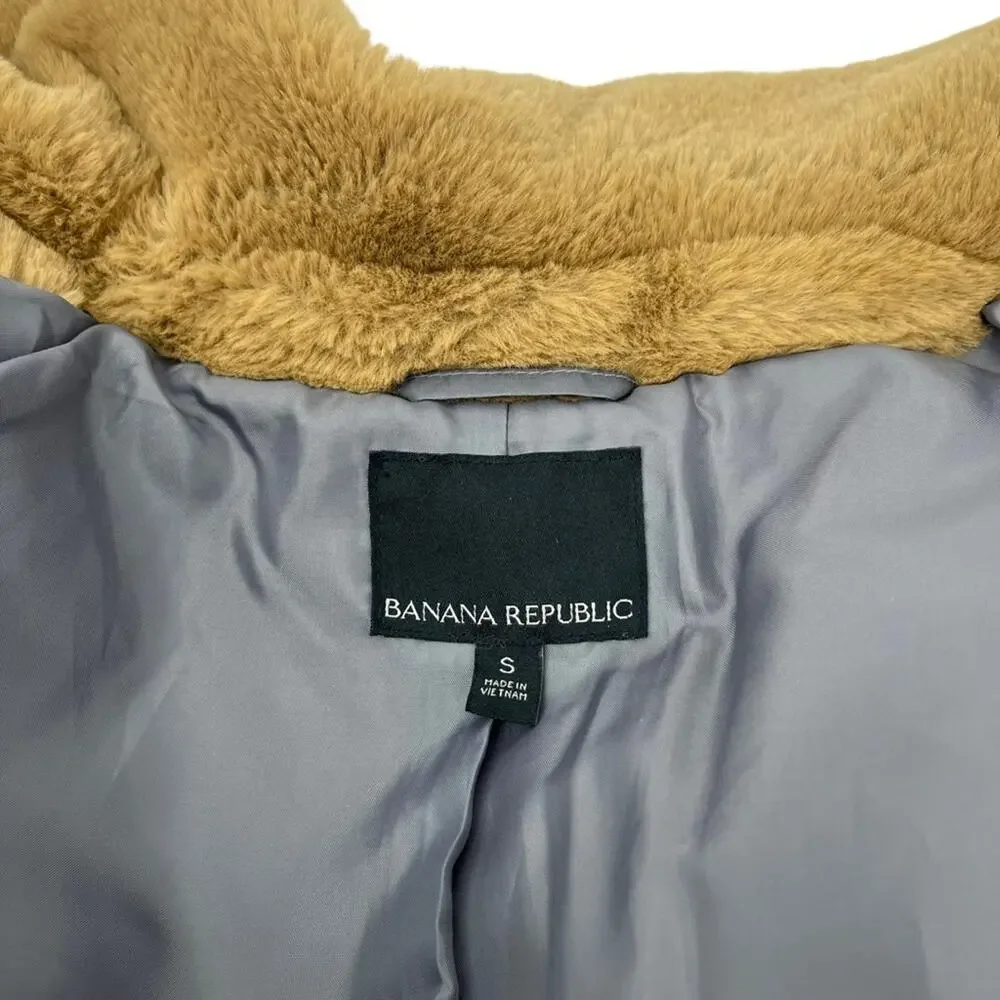 BANANA REPUBLIC Tan Teddy Puffy Faux Shearling Fur Jacket Zip Front Size Small - Picture 8 of 10
